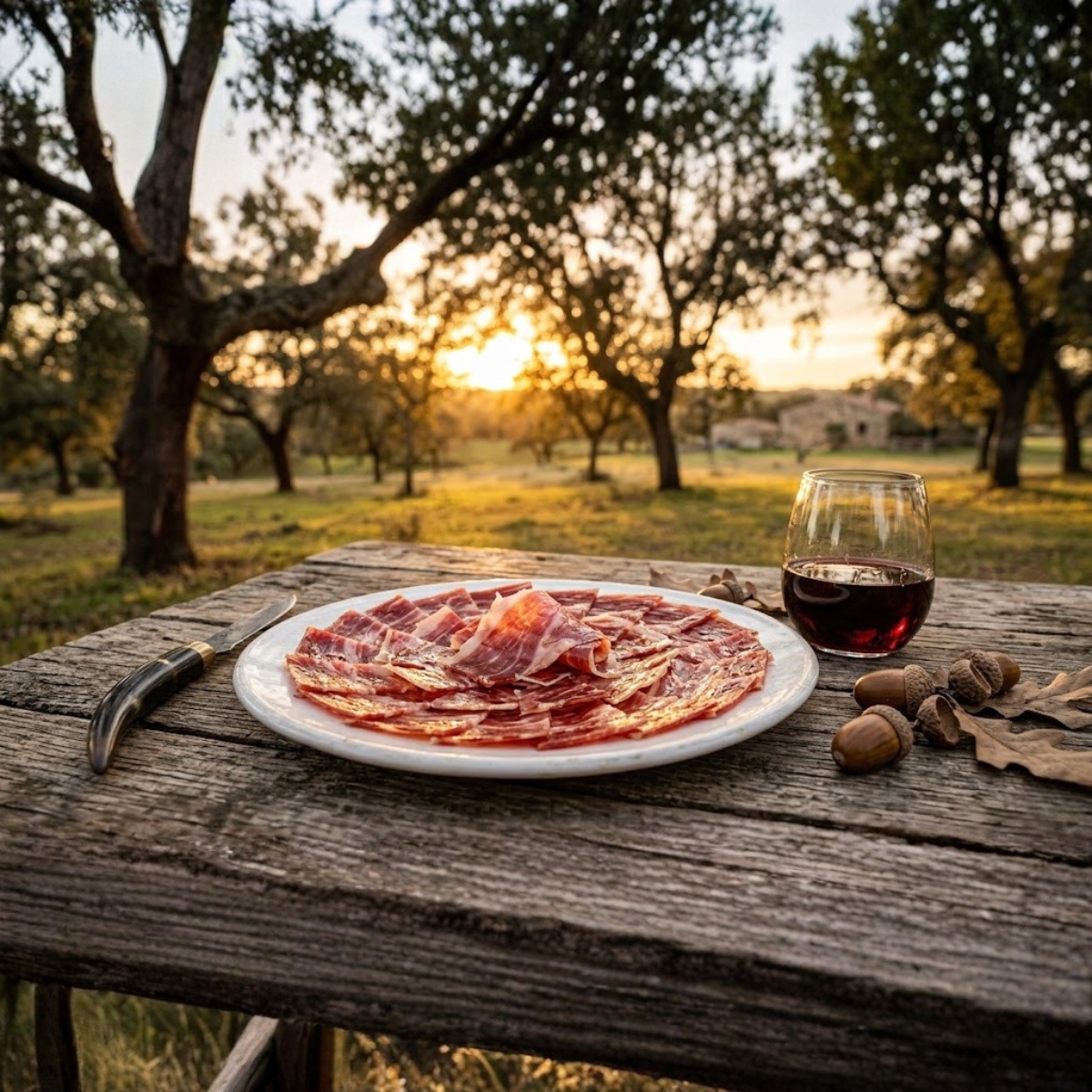 Plato de jamón de bellota 100% ibérico fuera de norma con veteado brillante y textura untuosa, representando la calidad artesana del Lote Nº 5 de Ibéricos del Valle