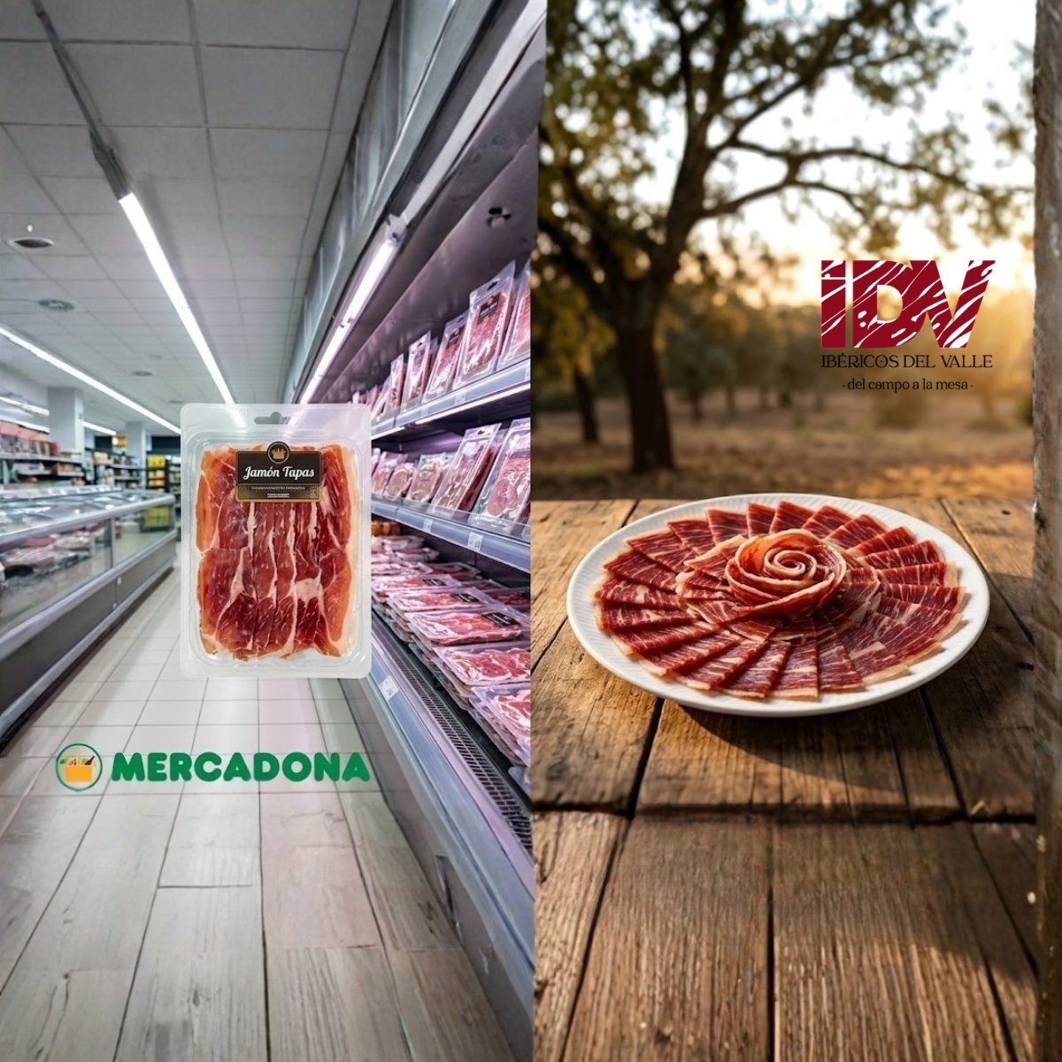 Primer plano de un plato de jamón ibérico 100% de bellota cortado a mano en una dehesa de Extremadura al atardecer.