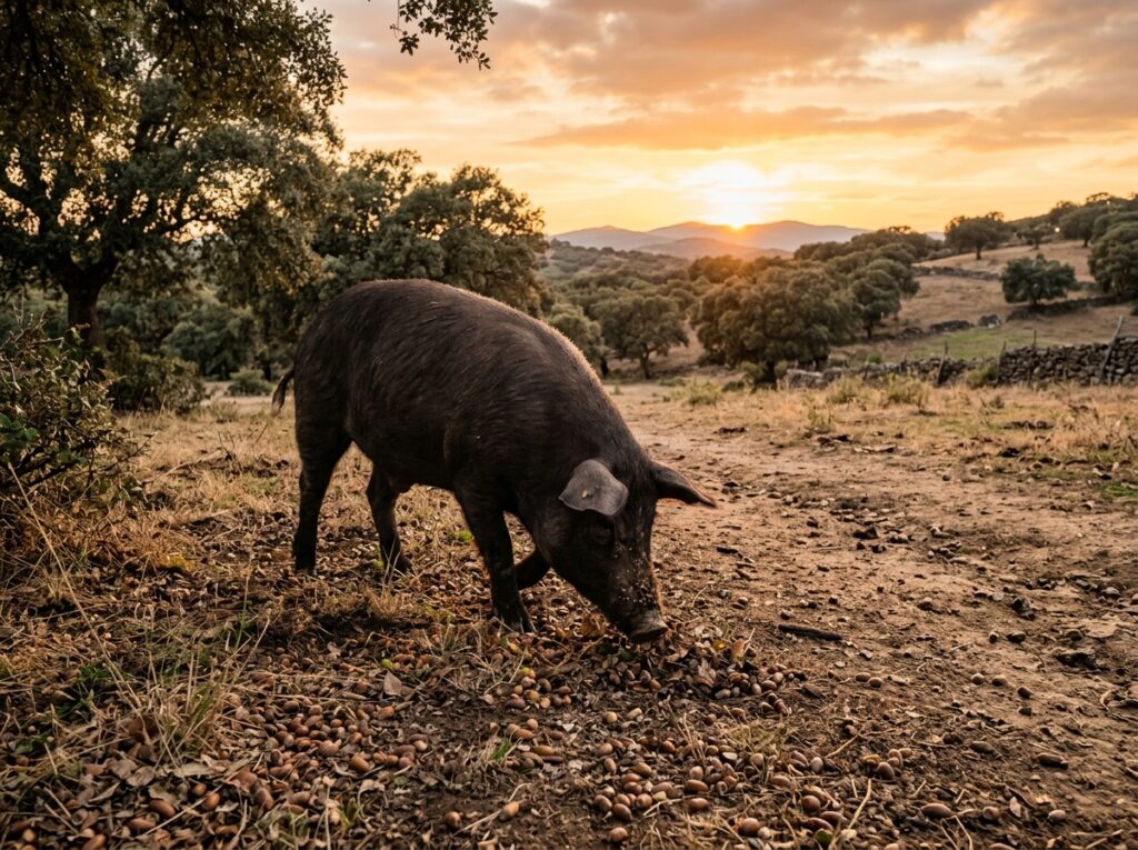 cerdo ibérico en libertad en la dehesa española comiendo bellotas durante la montanera