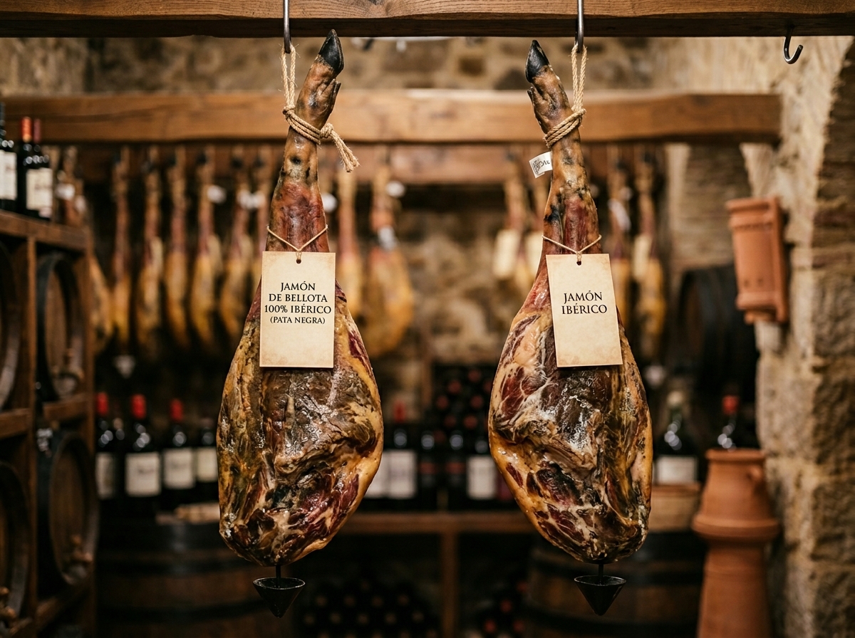 comparativa entre jamón pata negra 100% ibérico de bellota y jamón ibérico en bodega tradicional española